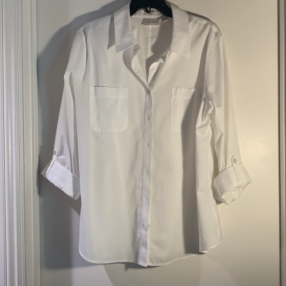 CHICO’S 2 Classic white no iron button-tab sleeve blouse XC
